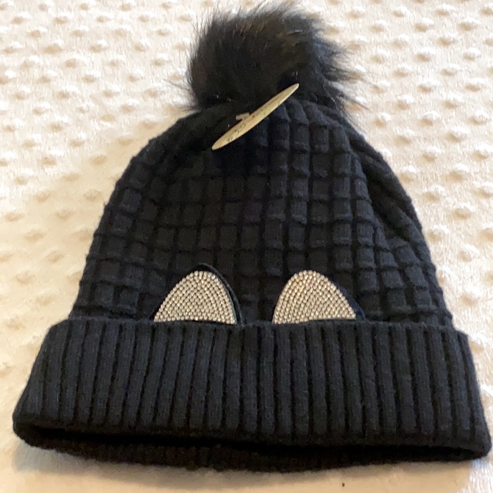 Pom Pom Beanie Hat with a Touch of Bling Black/OS